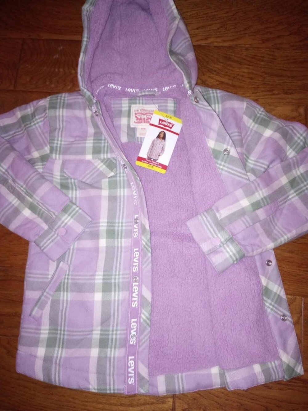 Levi's Girls Size Small 7/8 Purple Plaid Hooded Sherpa Flannel Shacket Shirt NWT - Picture 4 of 5